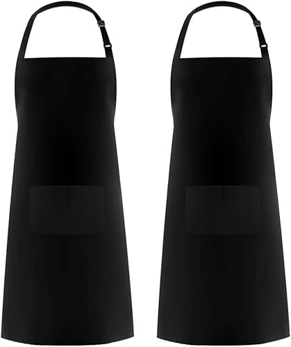 PB TECH 2 grembiuli unisex regolabili con 2 tasche, nero, taglia unica, in poliestere, lavabile in lavatrice, per cucina di casa, ristorante, caffetteria