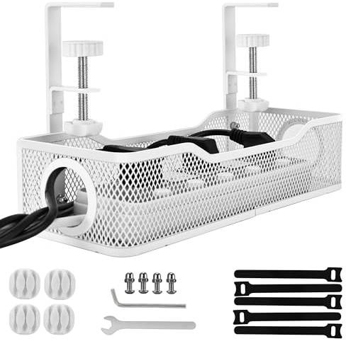 Under Desk Cable Management Tray – No-Drill Clamp-On Metal Wire Organiser for Power Cords, Easy Install (White)