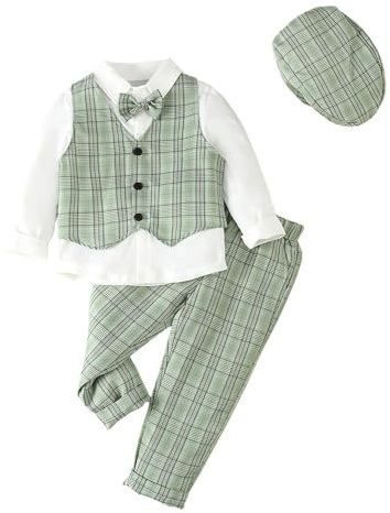 Lito Angels Baby barn pojkar gentleman rutig väst kostym set formella bröllopskläder med hatt, grå grön blå brun, gRÖN, 3-4 År