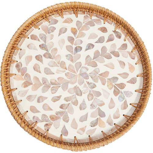 CREATCABIN Plateau Rond Rotin Plateau Service Rotin Tissé Base Bois Panier Tissé Main Panier Décoratif Osier Plateau Organisateur pour Décoration Table Rangement Affichage Petit Déjeuner 11.8 Pouce