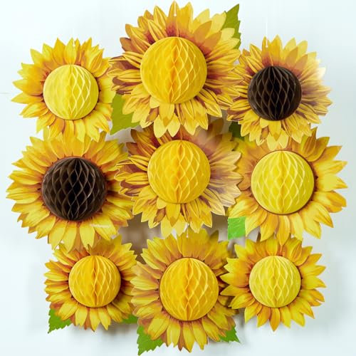 Easy Joy 9 Stück Sonnenblumen Deko Sonnenblume Waben Deko Papierblumen & -pflanzen Gelb Hängedeko für Babyzimmer Gartenparty,Sommerdeko,Geburtstagsdeko,Babyparty