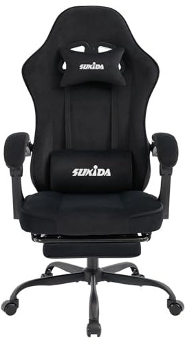 SUKIDA Gaming Stuhl Stoff, Ergonomischer Gaming Chair mit Fußstütze, Verstellbarer Racing Computerstuhl mit Lordosenstütze, Schwarz Ergonomisch PC-Stuhl