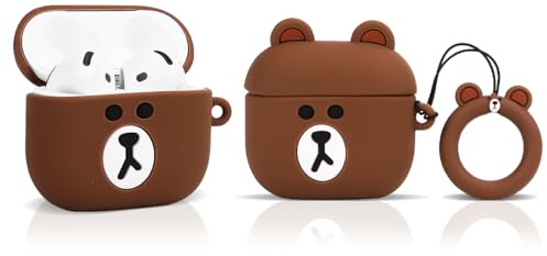 LEWOTE Funda compatible con Apple Airpods 4, cubierta protectora divertida y bonita de dibujos animados con llavero (Oso pequeño marrón)