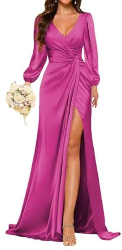 Vestido de princesa de manga larga para dama de honor, vestido de graduación, vestido formal de satén con abertura ZM167, fucsia, 42