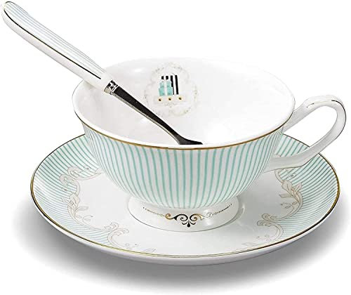 WDSOPK Set da tè Teiera Tazze da tè Bone China Bone China Tazze da tè/Tazze da caffè E Piattini Set con Cucchiai-6.7Oz per Casa Ristoranti Esposizione per La Famiglia O Gli Amic（1 Set）