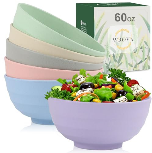 Wrova Ramen Bowl Sets 6 PCS Unbrakable Plastic Bowl 60 OZ Lightweight Ramen Bowl, Microwave Safe Bowls for Kitchen, Reusable Big Bowl Sets, Large Plastic Bowls for Serving Ramen and Fruit - Colorful