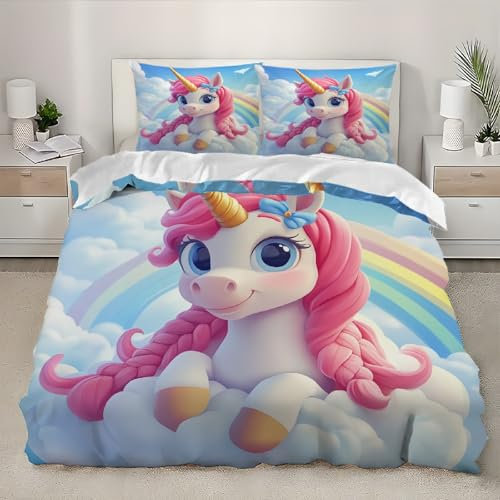 Bettwäschet 180x200 cm 3D Bettbezug Set Microfaser Cartoon-Einhorn Bettbezug mit Reißverschluss Weich Hypoallergen Farbe Bettwäsche-Sets für Kinder Teenager