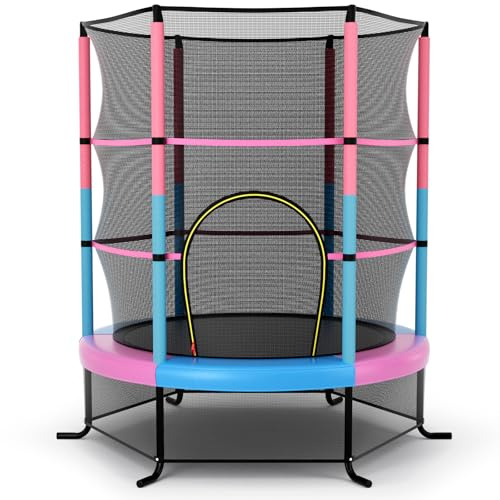LIFEZEAL Ø165 cm Trampolin, Kindertrampolin mit Sicherheitsnetz Höhe 121 cm, Gartentrampoline für Kinder 3-6 Jahre, Fitness-Trampolin für Outdoor & Indoor (farbig2)
