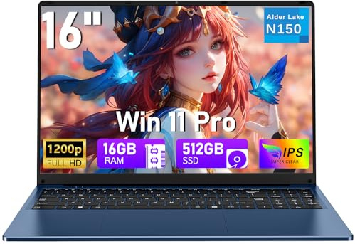 MITUNTUN Gaming Laptop Computer, 16 Inch Lap Top 2025 Win 11 Pro 16GB RAM 512GB SSD, N150 (Up to 3.6GHz), Backlit Keyboard, FHD 1920 * 1200 Screen, 6000mAh, WiFi 5 BT 4.2, UHD Graphics (1GHz), Blue