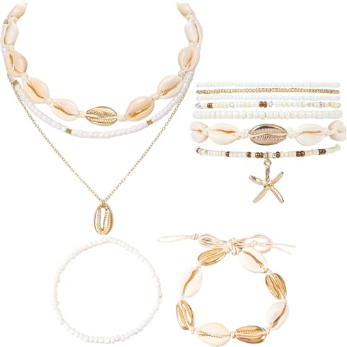 PEZPEOR 12 PCS Muschelkette Damen Muschel Halskette Armband Set mit Boho Choker Kette Damen Böhmischer Stil Perlenarmband Set Fußkette Muschel Dekor Boho Schmuck