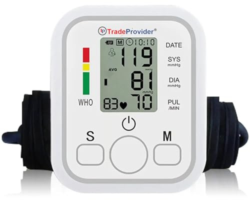 TradeProvider Blodtrycksmätare Digital Övre arm BP-maskin med, x4 AAA-batteri, dubbelt minne, USB-kabel, LCD-skärm stor manschett (22 – 32 cm), puls hyperspänningsskärm, hemmabruk (vit)