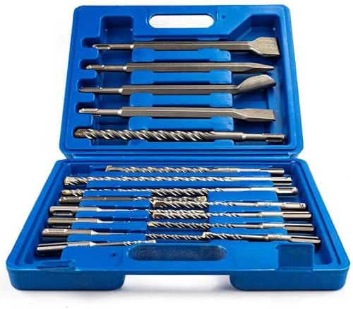 Toplionace Juego de 17 Brocas y Cinceles para Taladro Percutor Eléctrico en Caja, con Mango Redondo de Aleación de Acero de Tungsteno.