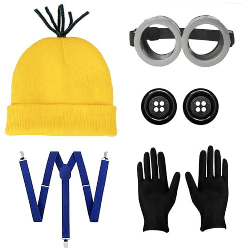 IDOTTA 5-teiliges gelbes Halloween-Kostüm-Zubehör-Set für Erwachsene und Frauen, Brille, gelbe Beanie, Mütze, Handschuhe, Knöpfe, Hosenträger Cosplay, Party-Set