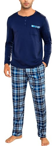 Irdcomps pyjamas herr lång pyjamas bomull tvådelad nattkläder set män vinter rund hals med bröstficka, Mörkblå, XL
