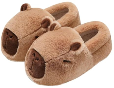 Cute Capybara Slippers, with One Random Mirror Wiper Capybara Gift for Women Girls Kids, Fuzzy Warm Non Slip Winer Sandals Indoor Outdoor House Shoes Soft Cloud Slides Fleece Lining Bedroom Slippers (brown,6)