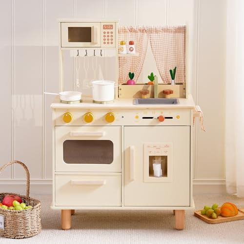 ROBUD Wooden Play Kitchen Set, Pretend Play Kitchen for Kids, Toy Kitchen with Microwave, Sink, Stove and Ice Maker, Toddlers Kitchen Playset Gift for Boys Girls, 3+ (Cream)