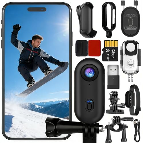 Rhayle 128G Tiny Action Camera with Magnetic Design and 360° Rotating Clip | 4K Underwater Camera, for Outdoor use Pov Camera - Waterproof up to 131 Feet, Battery 150 Minutes, with Accessory Kit