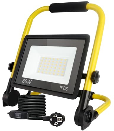 LED-bygglampa, 30 W, bärbar arbet, ultraljus, färgtemperatur 6 000 K, vattentät IP66, EU-kontakt med 3,5 m kabel och strömbrytare, lämplig för verkstad, garage, trädgård