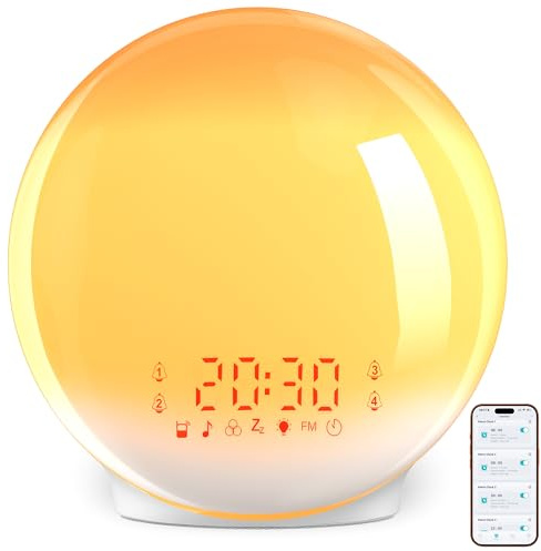 Réveils lever du soleil, lumière de réveil avec simulation lever du soleil/coucher du soleil, contrôle par application, 4 alarmes, calibrage automatique de l'heure, fonction snooze, radio FM, 7 sons