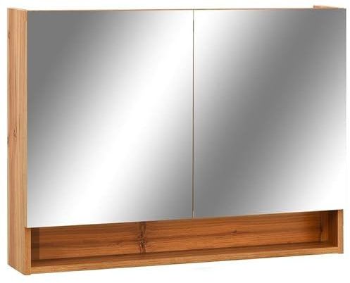 Elegans-spegelskåp för badrum ek 80 cm – MDF med melaminyta och glas – modernt badrumsskåp med belysning – förvaringsutrymme för handfat