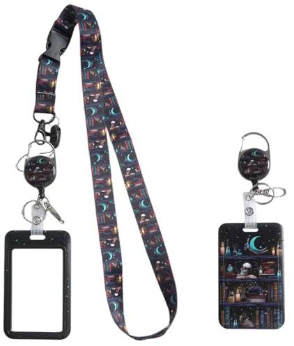 Daleweo Porte Badge Tour De Cou, Enrouleur Retractable, Cordon Infirmiere, Etui Carte Identité ABS, Clip Ceinture 360, Motif Bibliothèque Crane Lune, Bureau Ecole