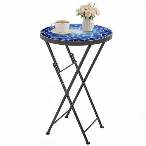 Mesa de jardín para exteriores Outsunny Mosaic, mesa de centro plegable redonda de 35,5 cm con estructura metálica para balcón o terraza, azul marino.