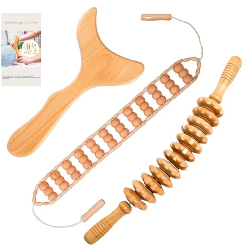 Lot de 3 outils de massage en bois - Appareil de massage pour massage des fascias - Drainage lymphatique et massage cellulite - Rouleau de massage en bois pour sculpter le corps, bien-être à la maison