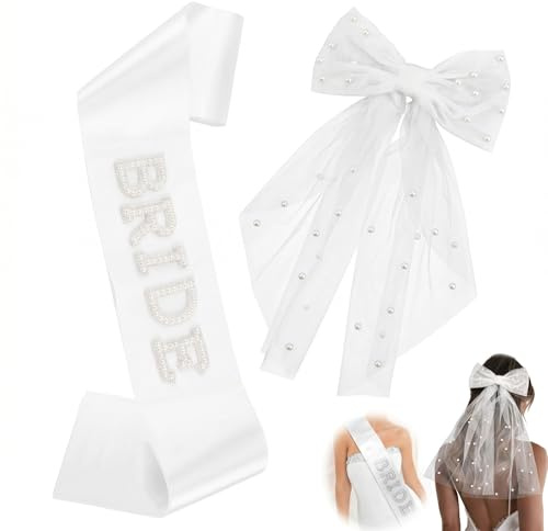 KOQAIIZ Team Bride Schärpe, Jga Schärpe, Bride To Be Schärpes + Schleier mit Schleife & Perlen, JGA Deko Set für die Braut, Braut Accessoires für Junggesellinnenabschied & Bachelorette Party