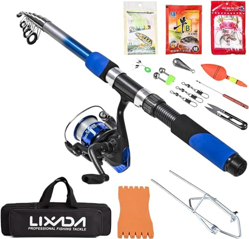Angeln Rod Reel Combo Set Lixada Spinnrute und Reel Combos Carbon Teleskop Angelrute mit Reel Combo Meer Salzwasser Süßwasser Kit Angelrute Kit, Fishing Full Kit(Blue)
