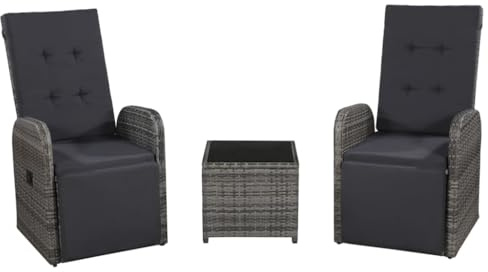 vidaXL Bistroset 3-TLG. mit Auflagen Balkonset Sitzgruppe Gartenmöbel Balkonmöbel Tisch 2 Gartensessel Liegestuhl Poly Rattan Grau