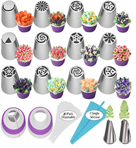 37 Teiliges Russische Edelstahl Spritztüllen Set: 12 Große Blumen Spritztüllen 2 Blätter Aufsätze 1 Adapter 1 Drei Farben 1 Silikon 20 Einweg Spritzbeutel für Kuchen, Cupcakes, Muffin-Dekoration