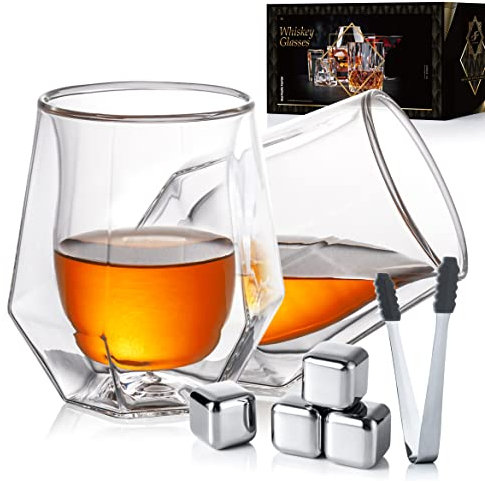 Kit de 2 Vasos de Whisky Vasos de Doble Cristal para Whisky con 4 Cubitos de Hielo y Pinza, Vasos de Roca, Regalos para Hombres, Vaso para Cócteles, Whisky Escocés, Bourbon, Coñac (200ml)