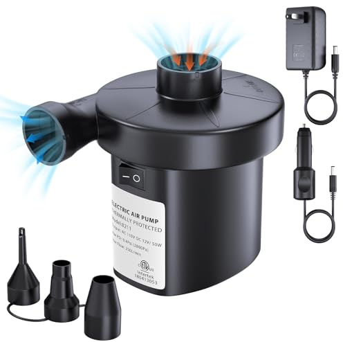 PULIDIKI Electric Air Pump for Inflatables Air Mattress Pump with 3 Nozzles Inflator Deflator Portable Quick Air Pump for Camping Air Mattress Bed, Air Sofa, Pool Toys, Swimming Rings AC DC (50W)