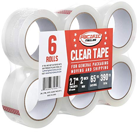 Pacific Mailer Clear Packing Tape, Heavy Duty Packaging Carton Tape for Shipping Packaing Moving Sealing, 2 Inch Wide, 2.7mil Thickness, 65 Yards Per Roll [Pack of 6]