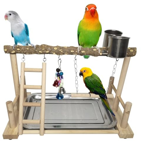 PINVNBY Vogelspielplatz für Papageien, Spielständer für Vögel, Spielständer, Holz, Übungsstange, Turnständer, Laufstall, Leiter mit Futterbecher, Hängeschaukelspielzeug für Sittiche, Sittiche