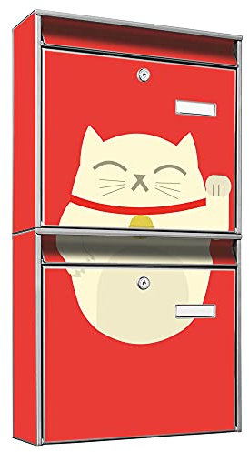 banjado Briefkastenanlage 2 Fach - 2 Briefkästen 36x64x10cm groß - Doppelbriefkasten Set - Namensschild, 2 Schlüssel, Montagematerial - Stahl verzinkt Silber - Motiv Manekineko