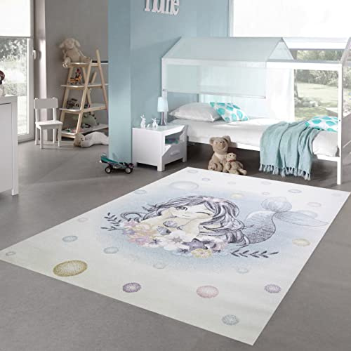 Teppich-Traum Kinderzimmer Spielteppich • Fußbodenheizungs-geeignet • Meerjungfrau Blumen Seifenblasen Creme türkis, Größe 160x230 cm