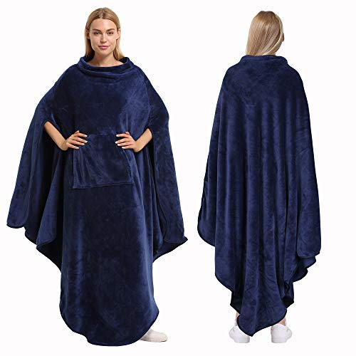 Catalonia Classy Warm Wearable Poncho Blanket, Large Soft Fluffy Blanket, Wrap Throw Cape with Pocket, Cosy Comfort Gifts for Adult Women Men, Navy
