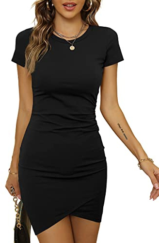 Laughido Damen Bodycon Kleid Kurz Enges Wickelkleid Kurzarm Sommerkleid Mini T Shirt Kleid (Schwarz, X-groß)