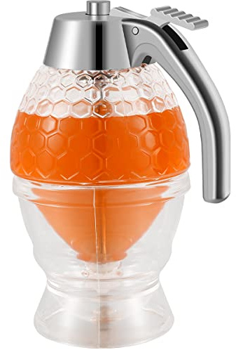 Deuson Honey Dispenser with Base No Drip Syrup Dispenser Reusable Plastic Syrup Jar 200ml Large Capacity Honey Jar Container Honey Comb Shape Honey Pot Jar for Party Picnic Birthday Sauces Condiments