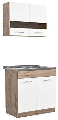 Homestyle4u 2323, Küche Küchenzeile Küchenblock Eiche Holz Weiß Einbauküche Single Küchen Schränke 80 cm