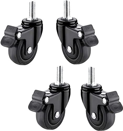 4-teilige Rotations-Gummi-Lenkrollen mit Gewindeschafthalterung, Lenkrolle, Trolley, Möbelrolle, strapazierfähig, mit Bremsen, für Möbel, Trolleys, Werkzeugkisten, Schwarz (M8 × 20 mm 1,5 Zoll) (M10