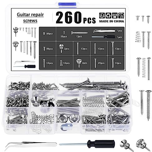Moendergo 260 PCS E-Gitarre Schraube Kit mit Federn Gitarrenschrauben-Se für E-Gitarre Brücke, Pickup, Pickguard, Tuner, Schalter, Nackenplatte, Gitarrengurt Tasten und eine Pinzette (silber)