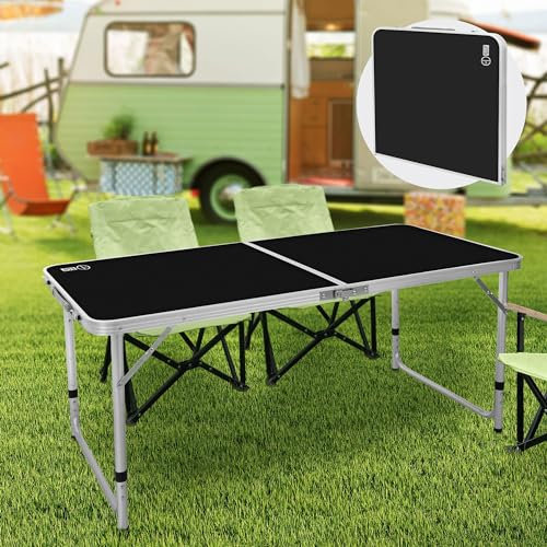 ECD Germany Alu Campingtisch Klapptisch, höhenverstellbar 120x60x54-70 cm, Schwarz, HDPE-Platte, klappbar, tragbar, leicht, Falttisch mit Griff, Koffertisch Gartentisch Reisetisch Balkontisch Esstisch