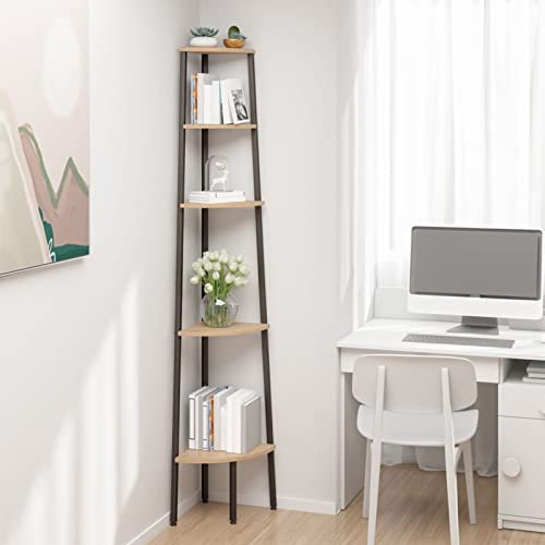 LAPOOH Eckregal mit 5 Ablagen, Bücherregal, Esszimmer Deko, Eckbücherregal, Eckschrank, Leiterregale, Ecke Dekoration, Hellbraun und Schwarz 45,5x31,5x180 cm