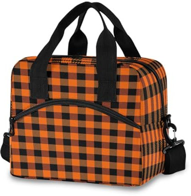 Lonchera aislada a cuadros naranja y negro para mujeres y hombres, reutilizable, naranja y negro, lonchera para adultos, contenedor de almuerzo con correa ajustable para el hombro para trabajo,