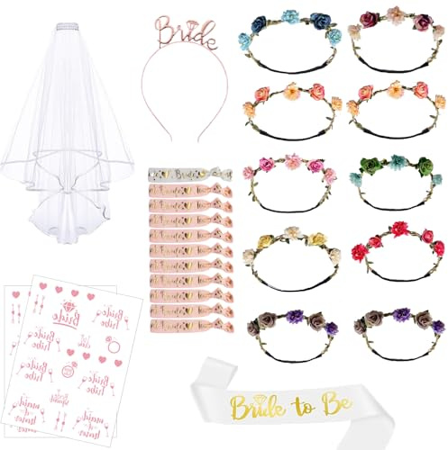 Kit per Addio al Nubilato Sposa e Amiche, Set da 26 Pezzi con 11 Braccialetti + 10 Ghirlande + 2 Tatuaggi + Velo da Sposa + Cerchietti per Capelli + Fascia, Gadget Sposa per Addio al Nubilato