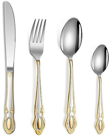 Ensemble d'argenterie, couverts, ustensiles, couverts en acier inoxydable de qualité alimentaire, placage en relief de luxe, poignée dorée rétro, maison, restaurant, petite entreprise, vaisselle fini