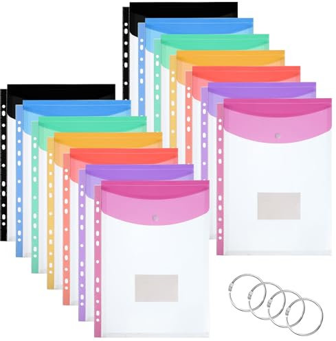 Plastic Wallets A4 Punched Pockets, 14 Pack Expandable Folders Plastic Document Files with Button,Tab Card, and 4 Binders for School, Office, Home, Travel（7 Colors）