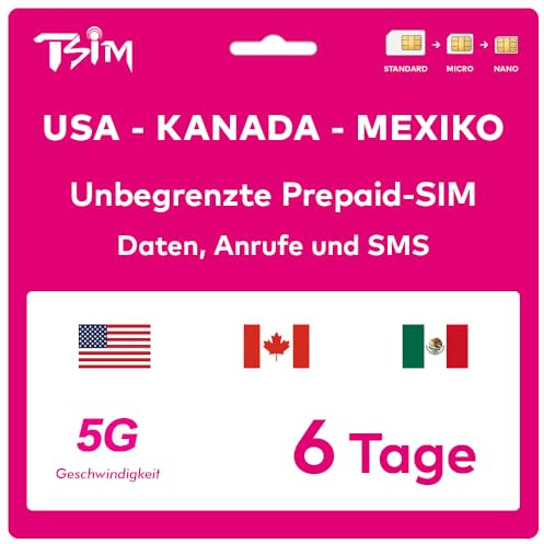 TSIM Prepaid USA SIM-Karte für 6 Tage | Unbegrenzte 4G/5G Highspeed-Daten in den USA + 100 MB Daten in Kanada und Mexiko | Unbegrenzte lokale Anrufe + kostenlose eingehende Anrufe & SMS.